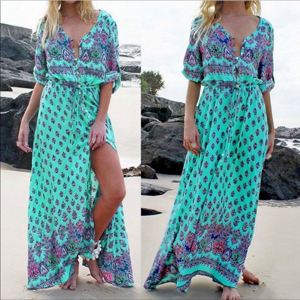 BOHO TURQUOISE PAISLEY MAXI DRESS NWOT